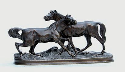 Pierre-Jules Mene (1810-1879) L'accolade. Épreuve en bronze, fonte d'édition multiple...