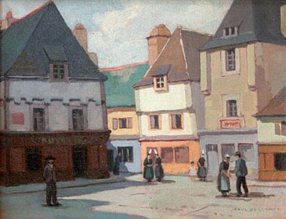 Paul DELORMOZ (1895-1980) Quimper, Place Terre au Duc. Huile sur Isorel signé en...