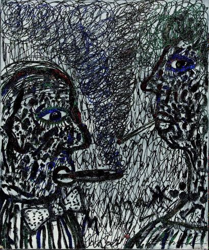 Oleg IAKOVLEFF (né en 1948) Picasso et Gertrude Stein fumant, technique mixte sur...