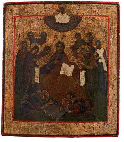  Icone représentant le Christ entouré des 12 apôtres. 19e siècle 34,5 x 30, 5 cm...