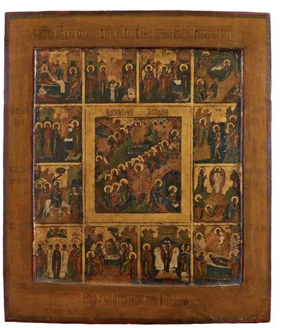  Icône des 12 grandes fêtes de l'Orthodoxie et la Résurection du Christ. 19e siècle....