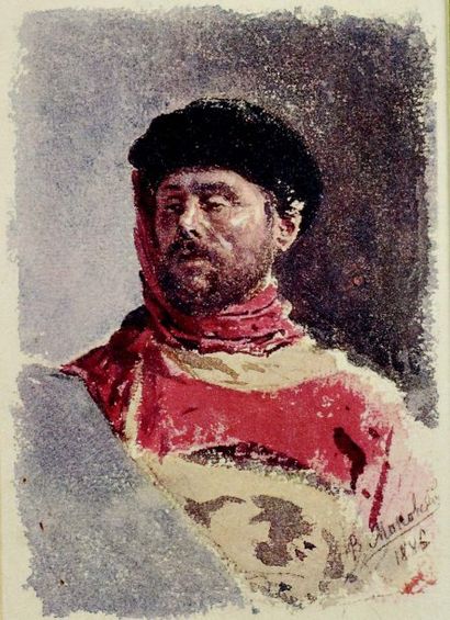 null Portrait (lithographie?) de Makovski. 1886 Tête d'homme avec une toque. 13 x...