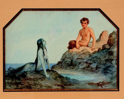 Serge de SOLOMKO (1859-1926) Sirène et faune, aquarelle, gouache sur papier, signé...