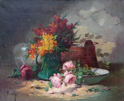 PÉROT, fin du XIXe siècle Bouquet de fleurs, cuivre et verrerie. Huile sur toile...