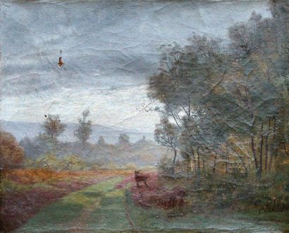 Antoine CHINTREUIL (1816-1873) Daims sur un chemin dans les Bois de Verrières. Huile...