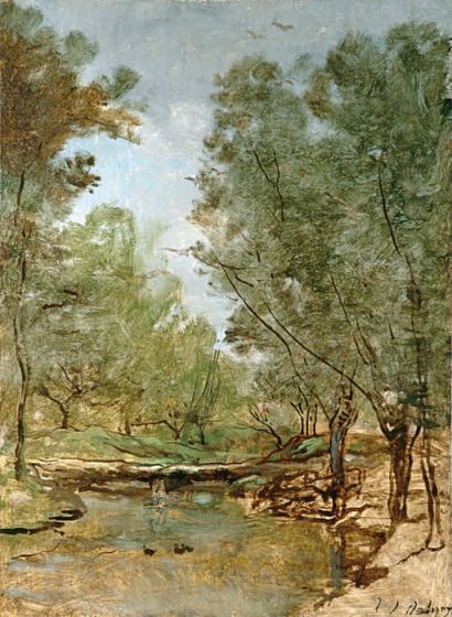 Karl DAUBIGNY (1846-1886) Étude de saules au bord de l'étang. Huile sur panneau signé...