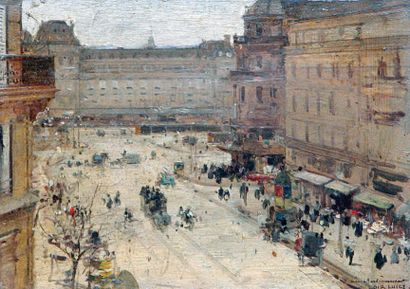 Luigi LOIR (1845-1916) La gare Saint Lazare à Paris. Huile sur panneau annoté « bien...
