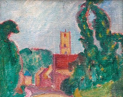Louis VALTAT (1869-1952) Village parmi les arbres. Huile sur toile monogrammée en...