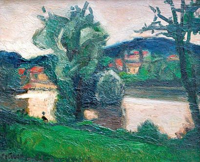 Robert LOTIRON (1886-1966) Bords de Seine. Huile sur toile signée en bas à gauche....