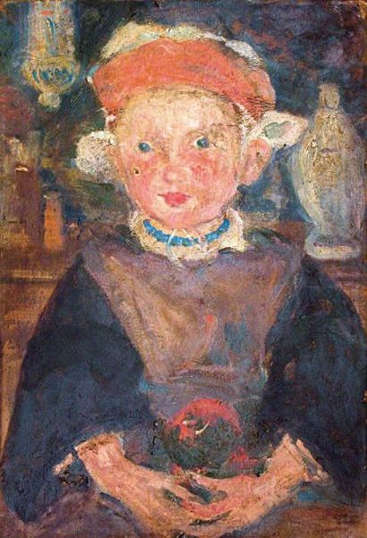 ÉCOLE ÉTRANGÈRE, XXe siècle Portrait de fillette portant une coiffe. Huile sur carton....