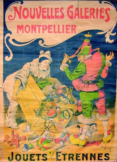 null Belle grande affiche « Montpellier Jouets » avec Pierrot et Polichinelle. Format...