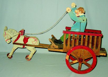 null « La Carriole du Père François » cheval attelé en bois roulant avec personnage...