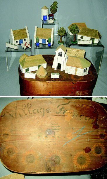 null « Village Français » Belle boîte en copeau de bois contenant un village breton...