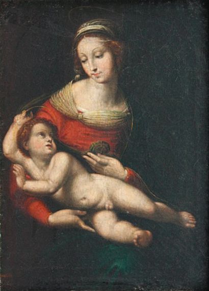 RAPHAËL d'après ÉCOLE XVIIe siècle Vierge à l'Enfant Huile sur toile 32 x 25 cm Reprise...