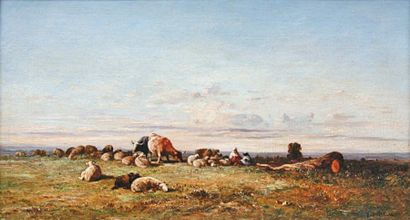 Jules DUPRÉ (1811-1889) Le troupeau au pré Huile sur toile signée en bas à droite...