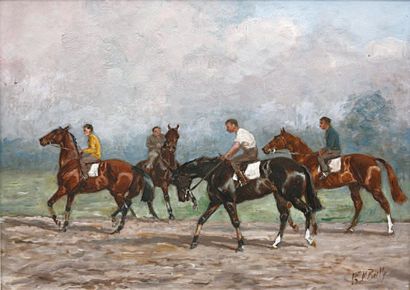 Karl REILLE (1886-1975) L'entrainement des chevaux de course Huile sur panneau d'Isorel...