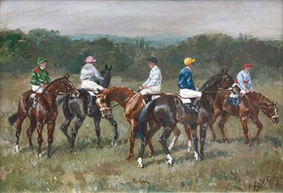 Karl REILLE (1886-1975) Jockeys et leurs montures dans le pré Huile sur panneau d'Isorel...