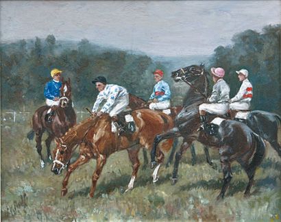 Karl REILLE (1886-1975) Jockeys et chevaux avant le départ de la course Huile sur...