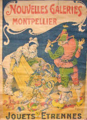 null Belle grande affiche " Montpellier Jouets " avec Pierrot et Polichinelle. Format...