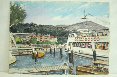 Roland HAMON (1909 - 1987) " Lac de Côme, Bellagio - Départ du bateau", 1967. Aquarelle...