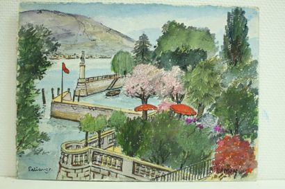 Roland HAMON (1909 - 1987) "Port, fleurs et terrasses", 1965. Aquarelle située en...