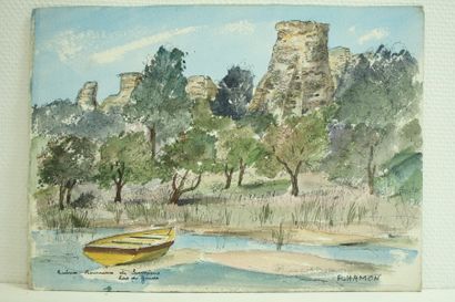 Roland HAMON (1909 - 1987) "Ruines romaines de Sermione - Lac de Garde", 1970. Aquarelle...