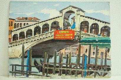 Roland HAMON (1909 - 1987) "Venise, Rialto, embarcadère" Aquarelle située en bas...