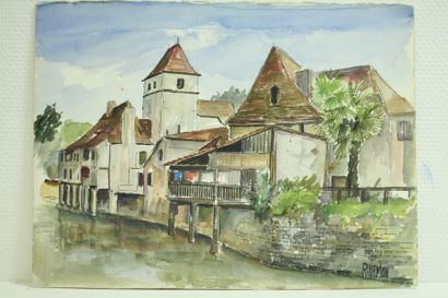 Roland HAMON (1909 - 1987) "Vieilles maisons" Aquarelle signée en bas à droite. 28,2...