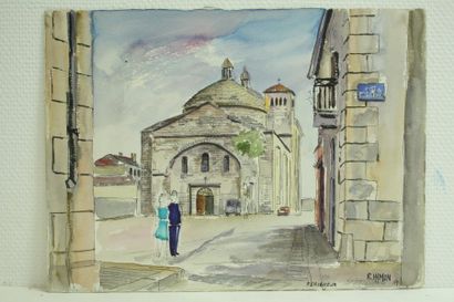 Roland HAMON (1909 - 1987) "Eglise d'Etienne", 1959. Aquarelle située, titrée, datée...