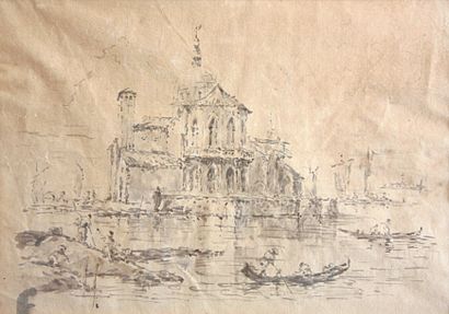 ÉCOLE FRANÇAISE « Vue de Venise » Dessin au lavis d'encre. (pliures) 18 x 26 cm
