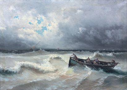 GODCHAUX (XIXe siècle) Pêcheurs en barque en mer Huile sur toile signée en bas à...