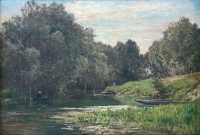 Gabriel MATHIEU (1843-1921) Pêcheurs à la rivière Huile sur toile signée en bas à...