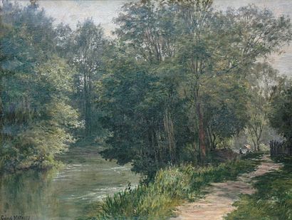 Gabriel MATHIEU (1843-1921) Le repos près de la rivière ombragée Huile sur toile...