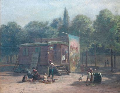 E.TOURNOIS (XIXe siècle) Animation près de la baraque de foire Huile sur panneau...