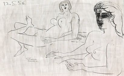 Fikret MOUALLA (1903-1967) ÉTUDE DE FEMMES,1956 Encre et lavis à l'encre signé en...