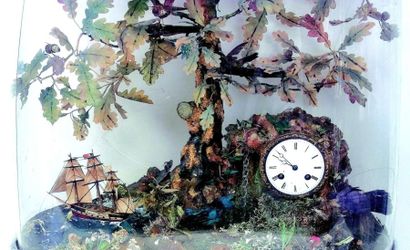 null «BUISSON d'oiseaux vivants» Grand et bel automate sous globe de verre de fabrication...