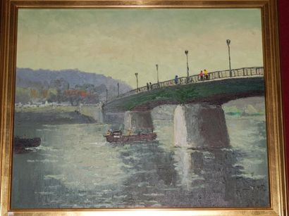 null Peniche sur la Seine passant sous un pont
Huile sur toile signée en bas à droite
59...