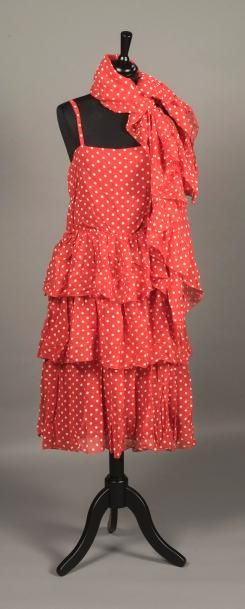 null GUY LAROCHE - Robe du soir en soie noire, pois roses, oranges et blancs, large...