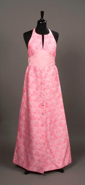 null COURREGES VINTAGE - Robe longue en coton imprimé fleuri en dégradé de rose,...