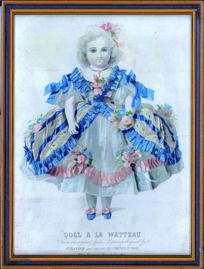 null "Poupee à la WATTEAU" gravure polychrome représentant une poupée parisienne...