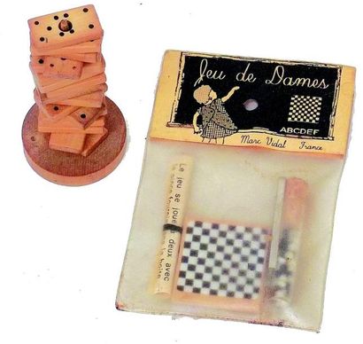 null «DOMINO» boîte en bois avec surprise (une souris) + jeu de domino plat en os...