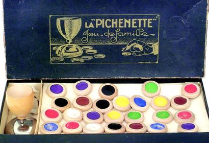 null «La Pitchenette» jeu de puces en bois et métal avec pions de couleurs. En b...