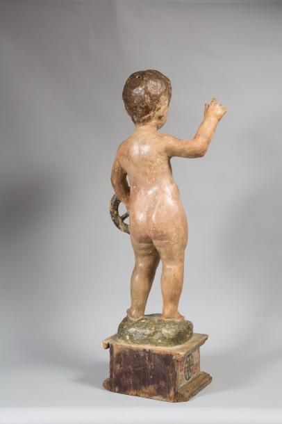 null Enfant Jésus bénissant en stuc polychromé et doré. Entièrement nu, il est debout...