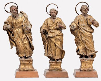 null Ensemble de cinq SCULPTURES en bois sculpté, polychromé et doré représentant...