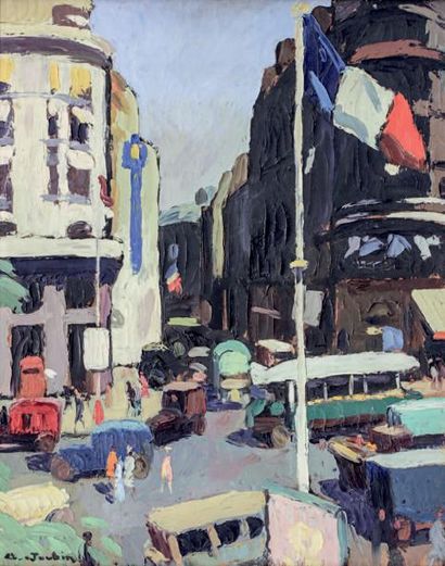 Georges JOUBIN (1888-1983) 
Le carrefour Drouot à Paris
Huile sur panneau, signée...