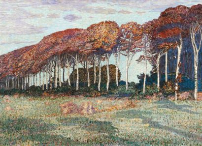 Leon DETROY (1857-1955) CHEMIN ARBORÉ BORDANT LES CHAMPS Huile sur toile signée en...