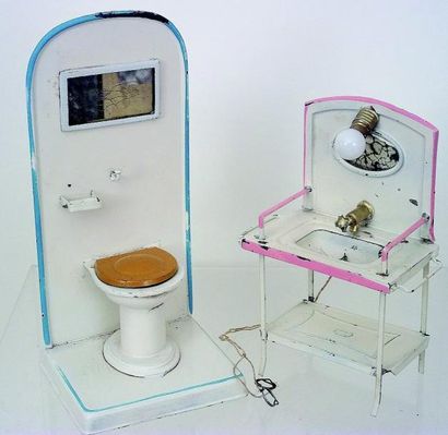 null Lavabo H 14 cm avec éclairage et toilettes en métal peint avec réservoirs à...