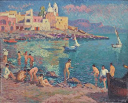 null Alexandre URBAIN (1875-1953) - Jeux de plage dans la crique
Huile sur toile...