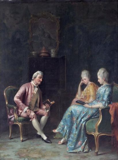 null ECOLE ETRANGERE de la fin du XIXe siècle
Homme faisant la lecture à deux femmes
Huile...