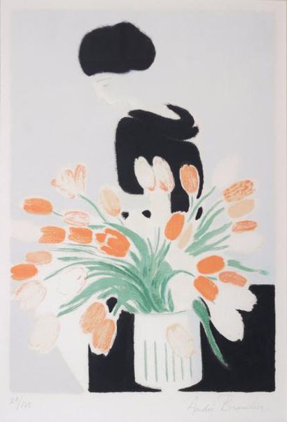 null André BRASILIER (Né en 1929)

Femme au bouquet de tulipes

Lithographie d'édition,...